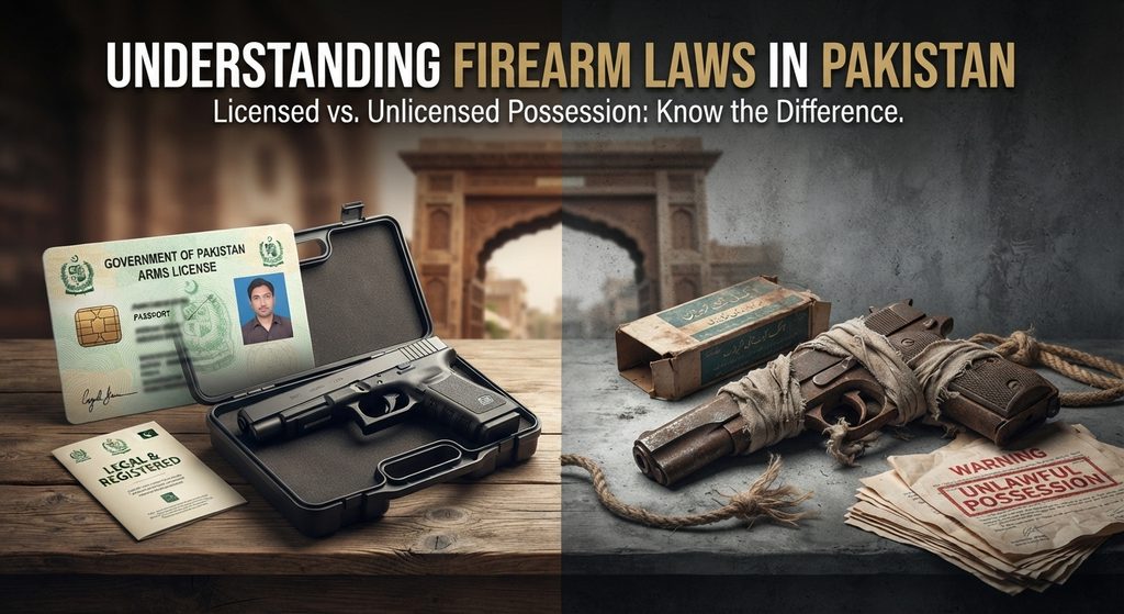 Understanding firearm laws in Pakistan comparing licensed vs unlicensed possession with an official arms license card.